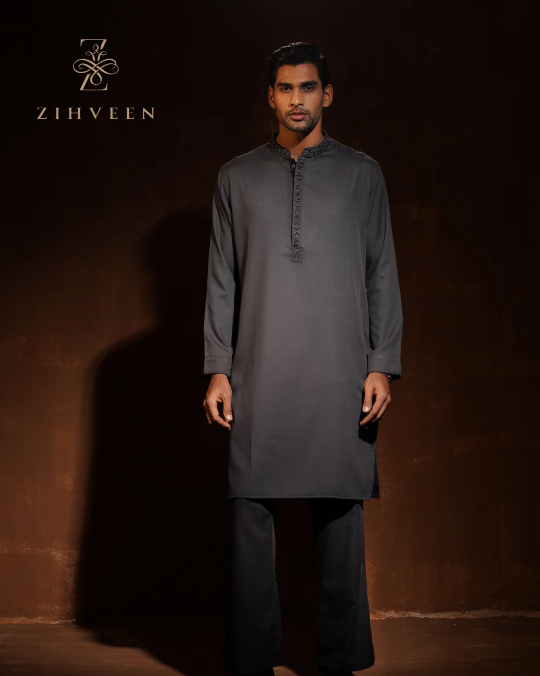 Paynes Gray with Elegant Collar and box plate Zardoji Co-ords set