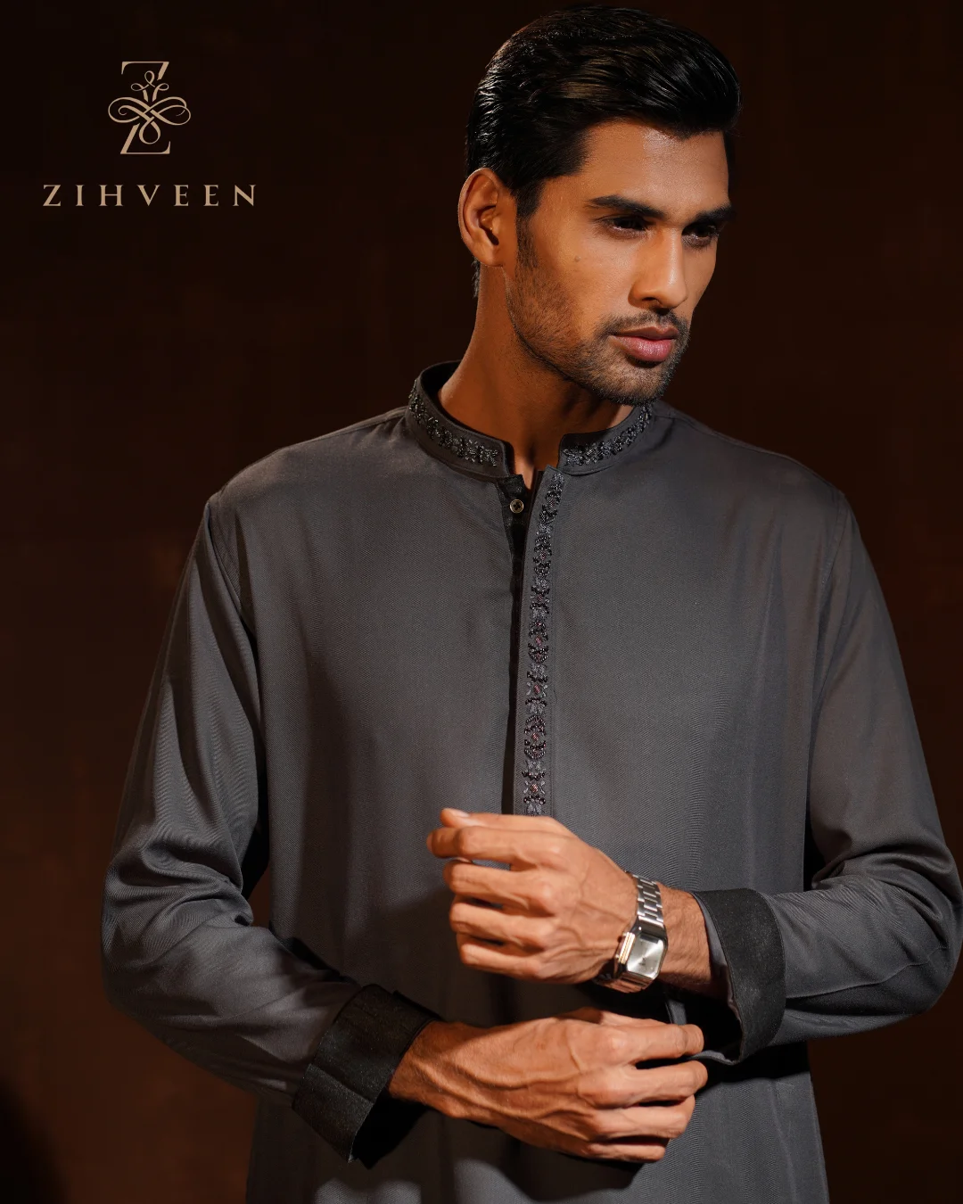 Paynes Gray with Elegant Collar and box plate Zardoji Co-ords set