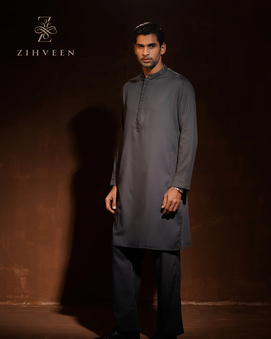 Paynes Gray with Elegant Collar and box plate Zardoji Co-ords set