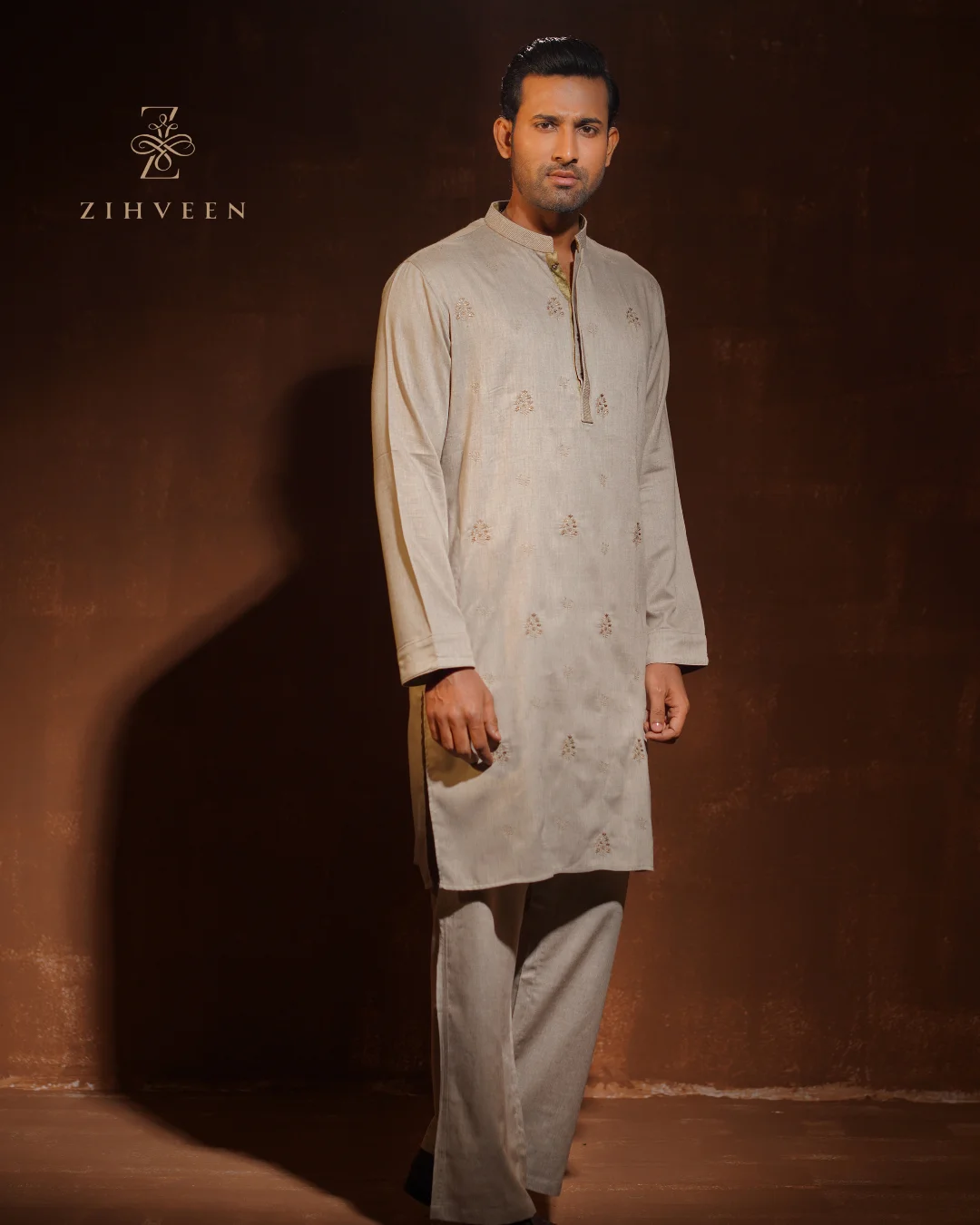 Malibu Beige color with allover different motif embroidery co-ords set