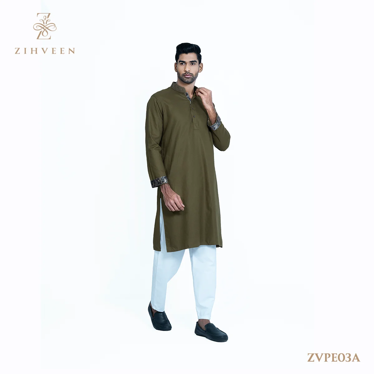 Olive colour collar embroidery with Musino velvet - ZVPE03A - view 2