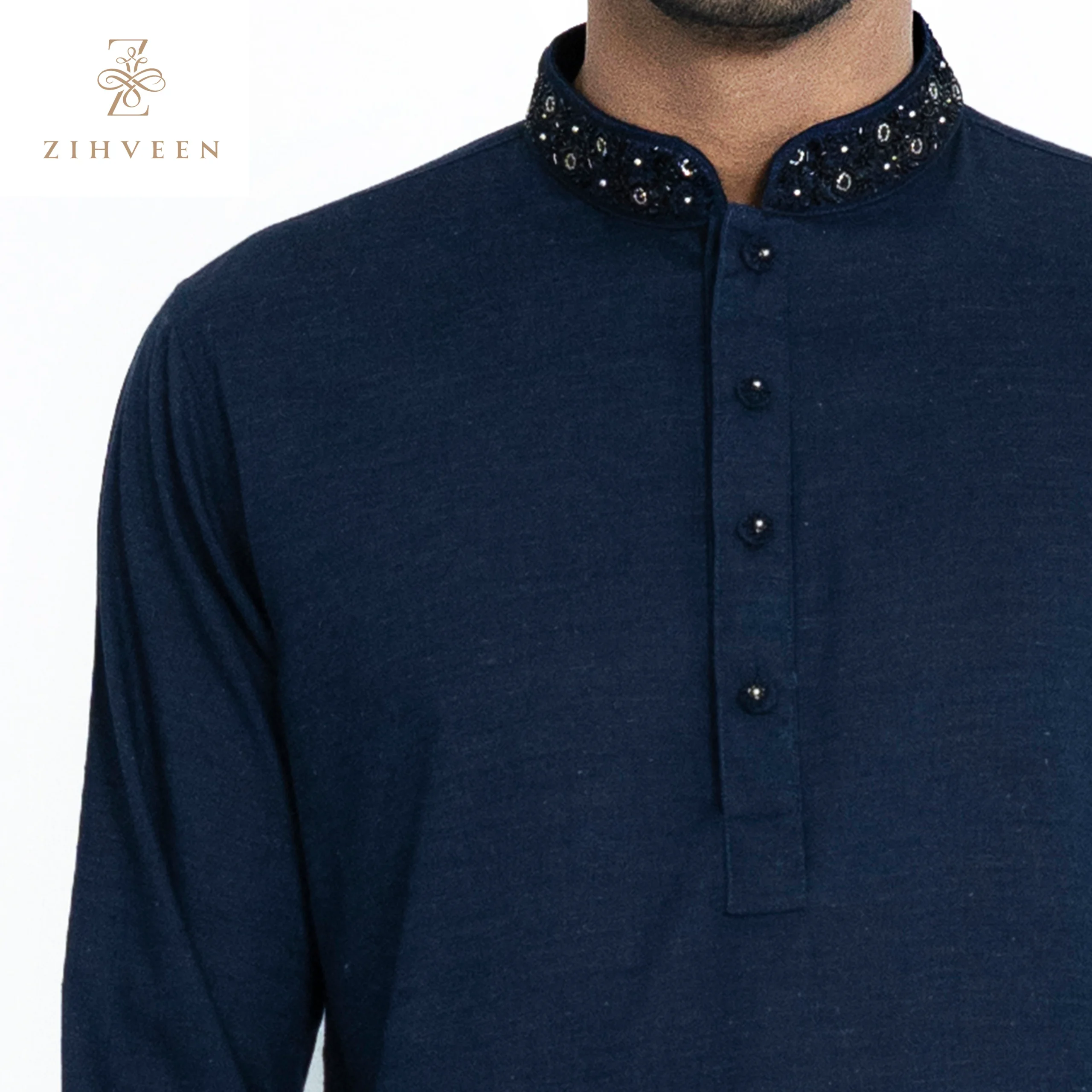 Navy Blue Collar Fusion Zardozi - ZVNBZ19A - view 1
