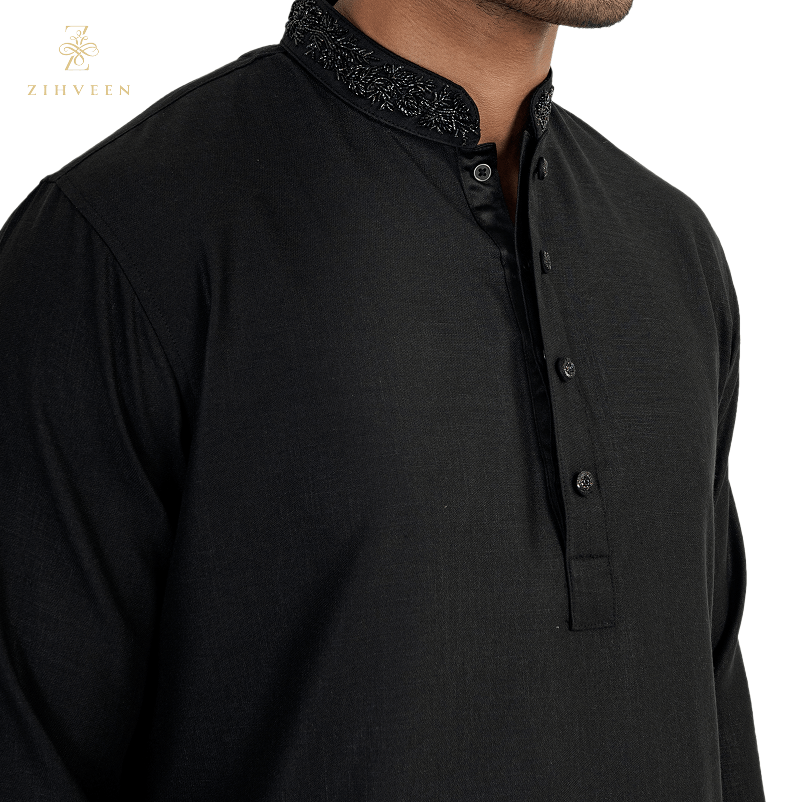 Elegant black with self color collar zardozi - ZVEB2508E