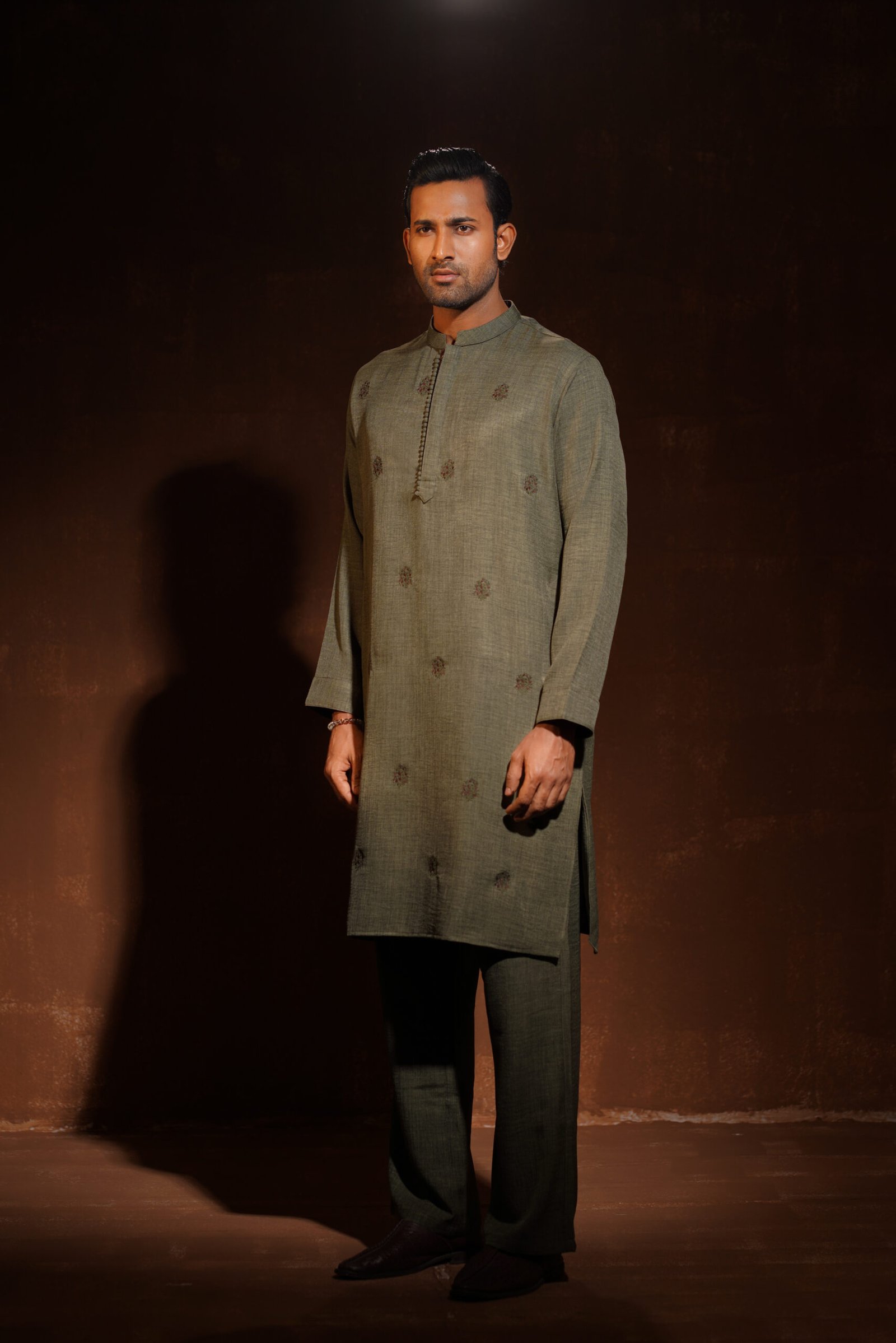 Hunter Green with allover motif embroidery - view 2