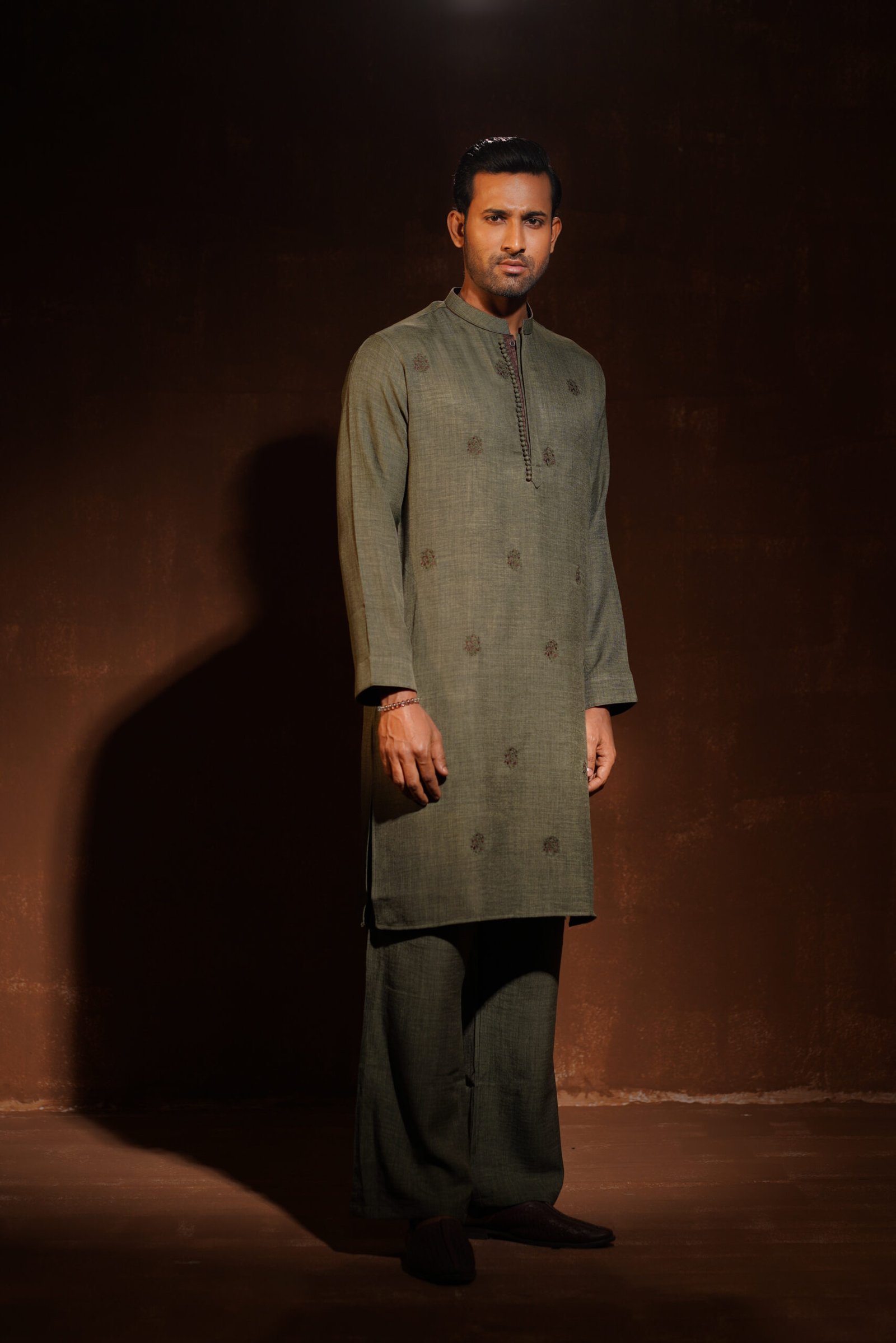Hunter Green with allover motif embroidery - view 3