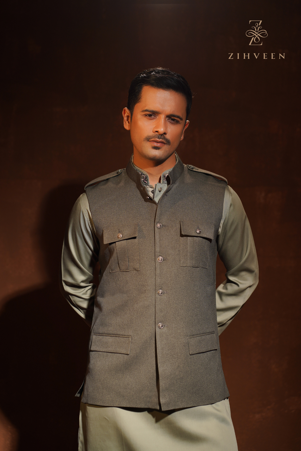 Olive Haze vest with shoulder loop and elegant button - view 1