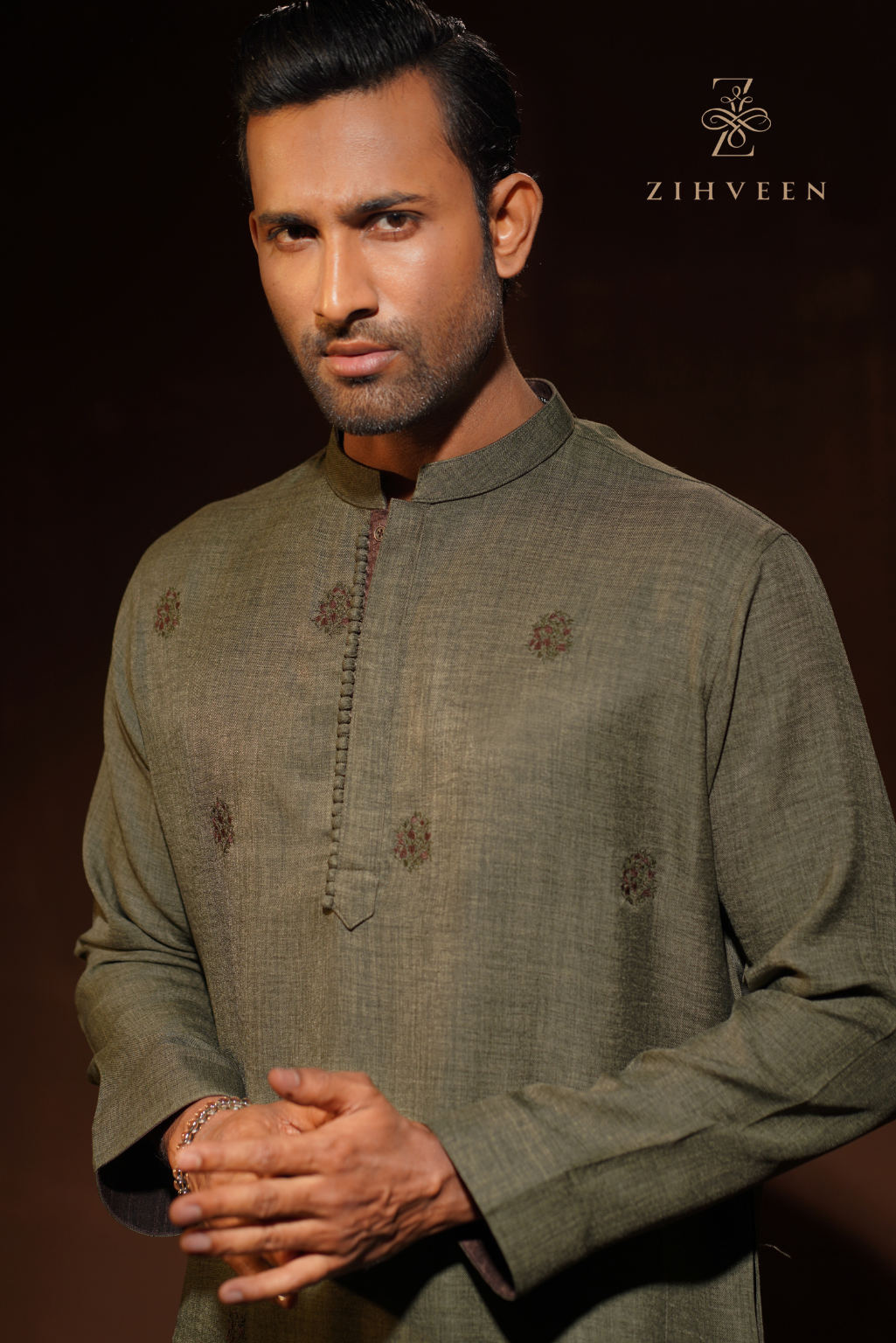 Hunter Green with allover motif embroidery