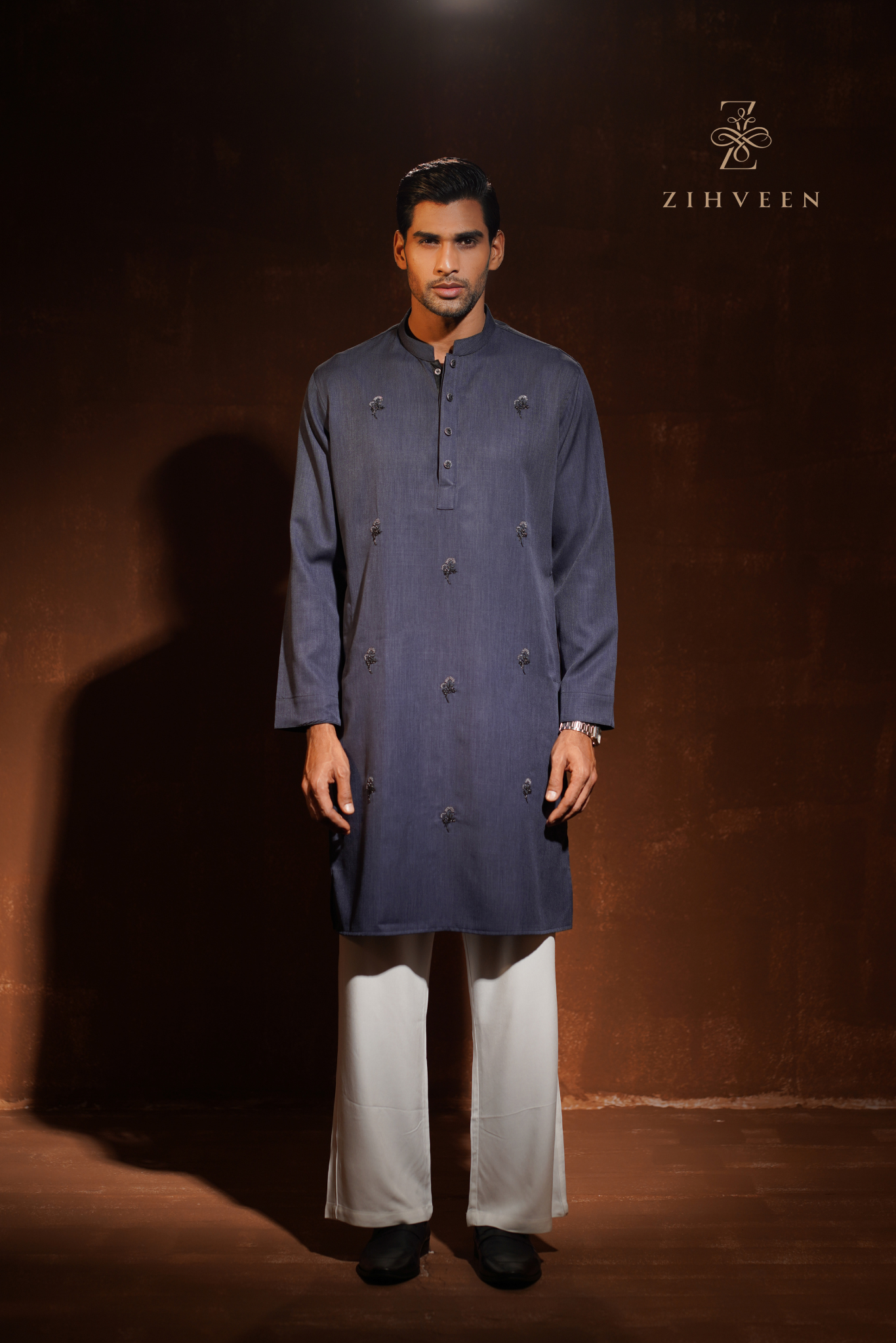 Navy Blue Panjabi with allover modish Zardoji - view 2