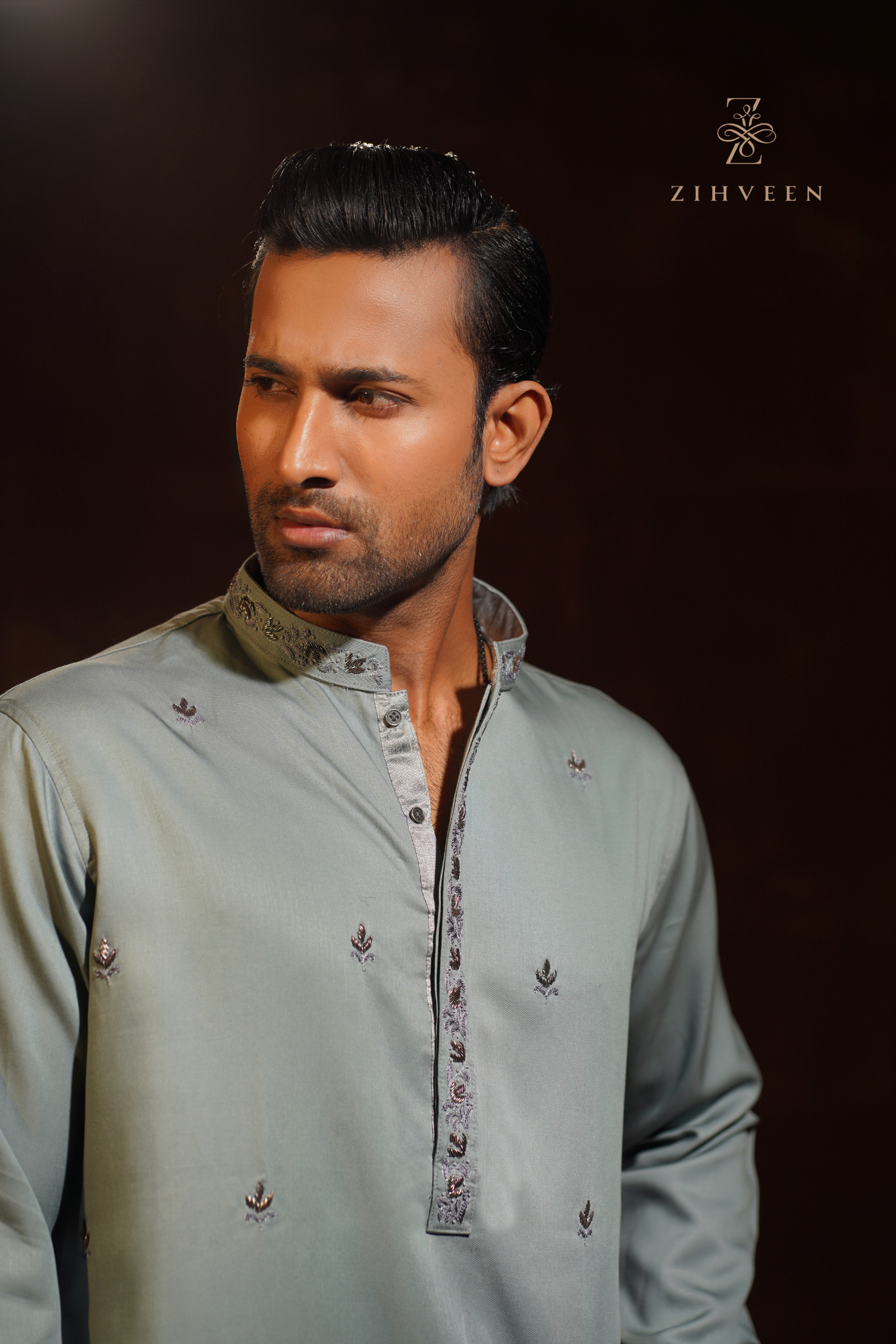 Exclusive Topez Green with allover motif zardoji & collar-button zardoji