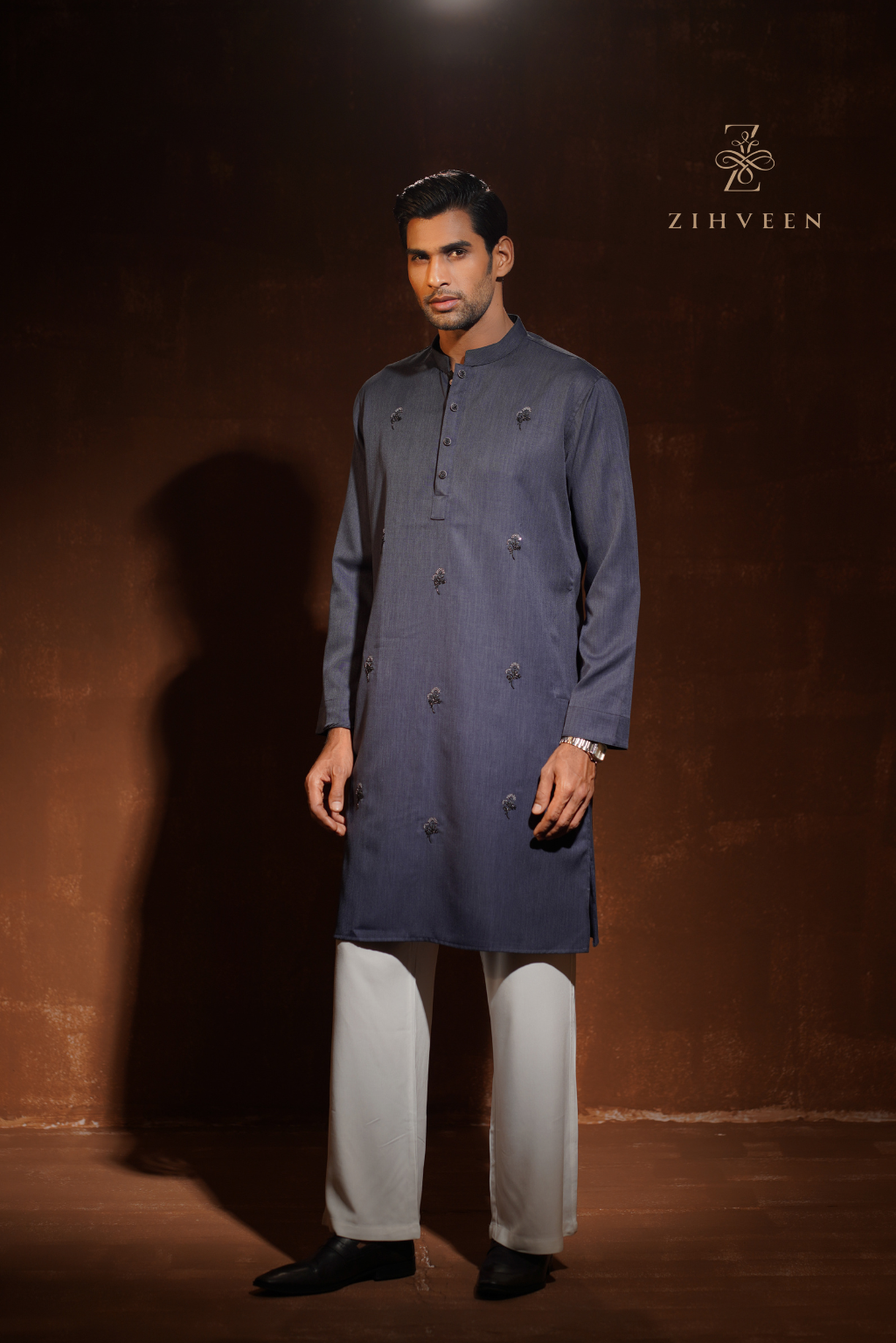 Navy Blue Panjabi with allover modish Zardoji - view 3