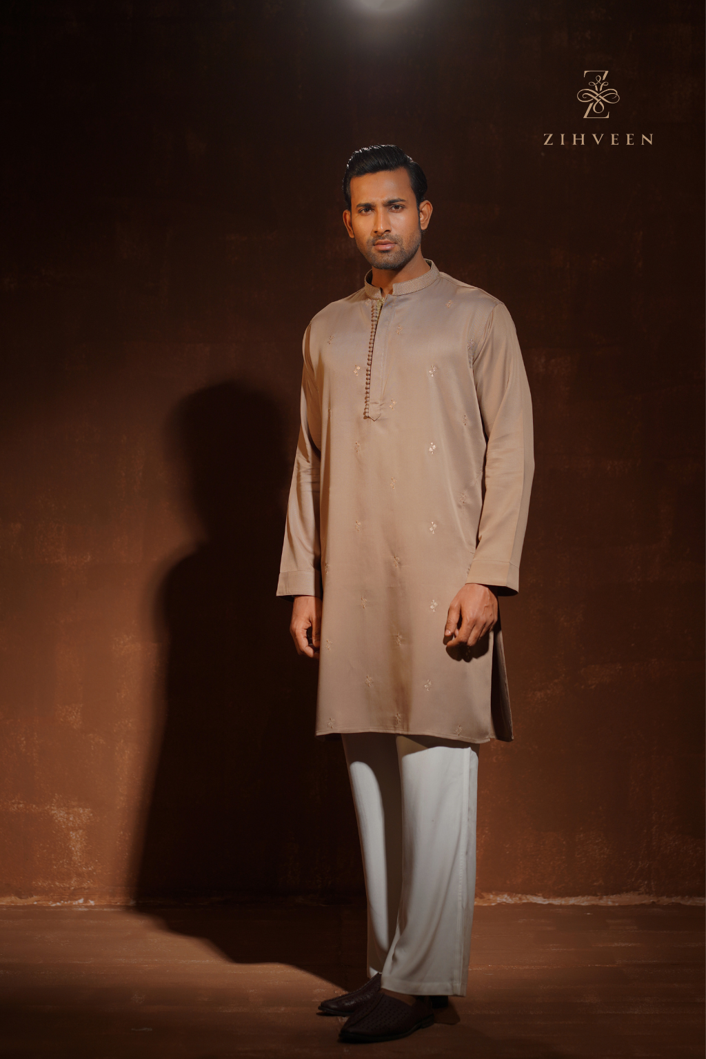 Tan Golden with allover elegant sequin embroidery - view 2