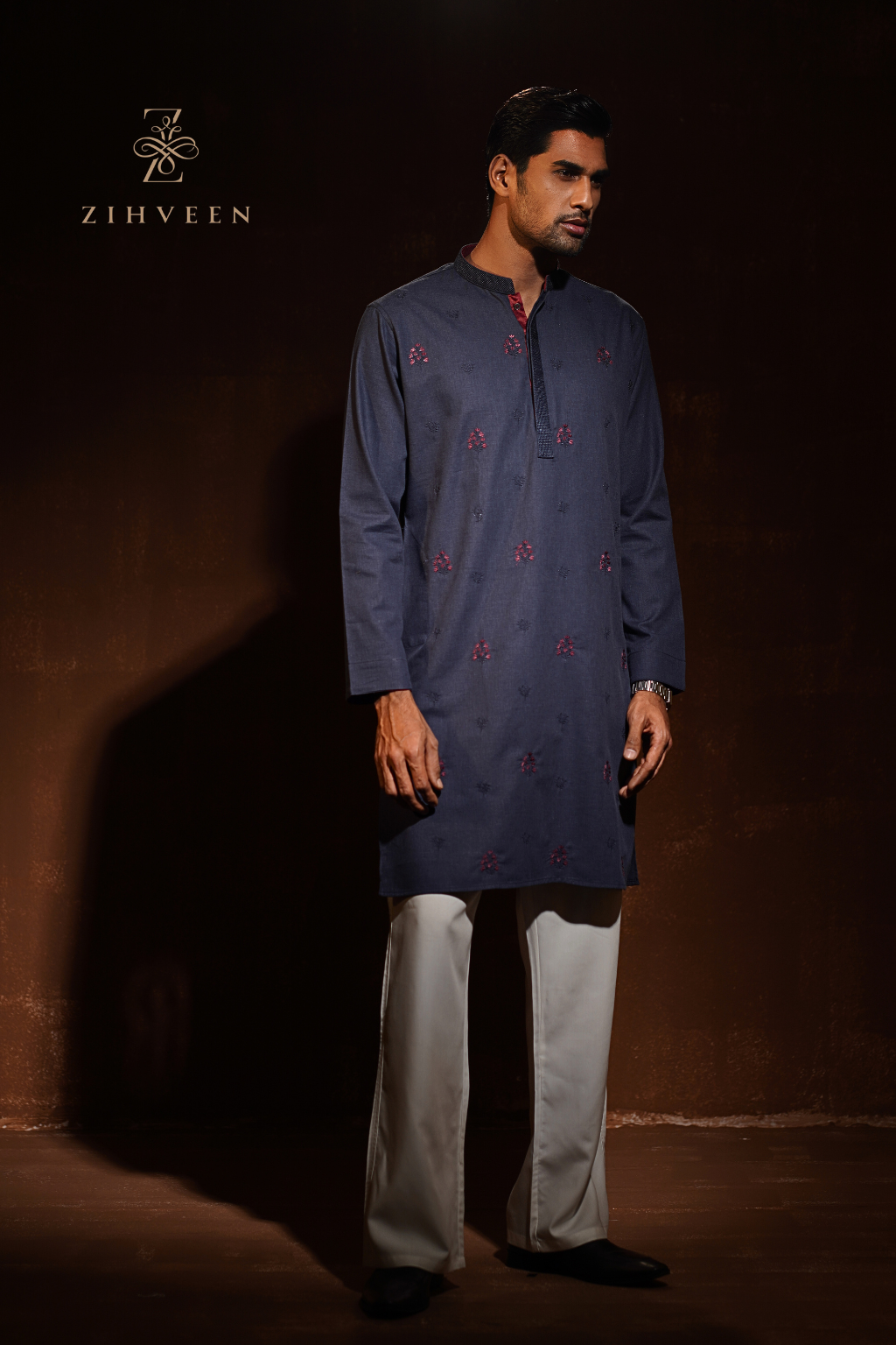 Midnight Blue with all over different embroidery motif - view 3