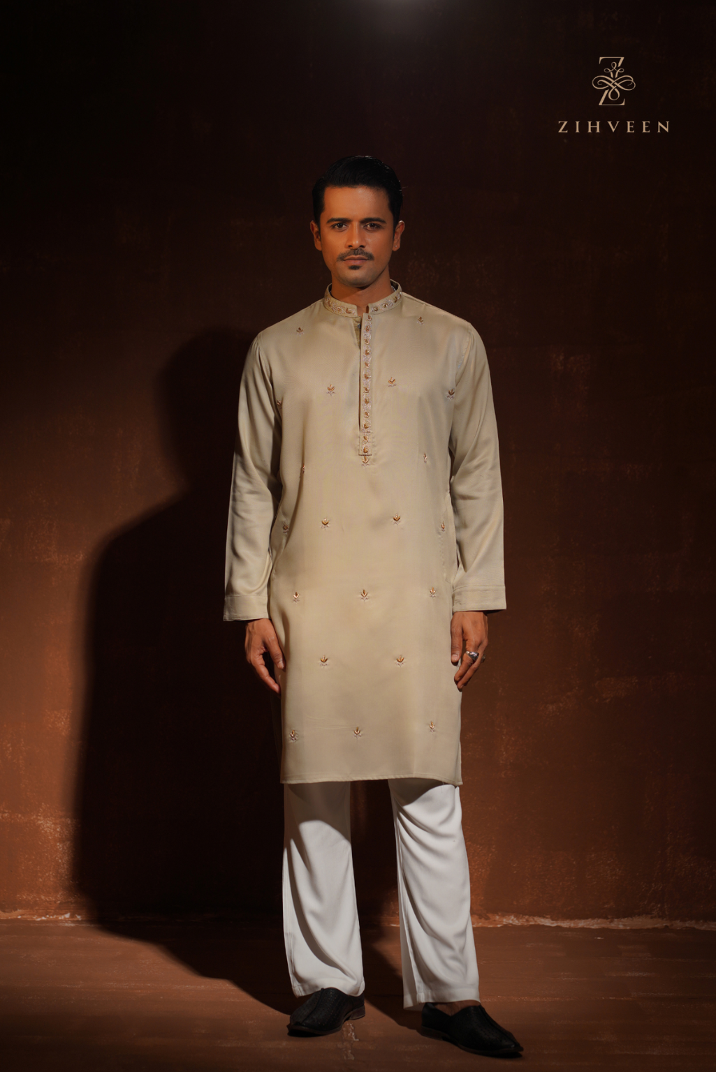 Exclusive Celadon gold with allover motif zardoji & collar-button zardoji - view 2