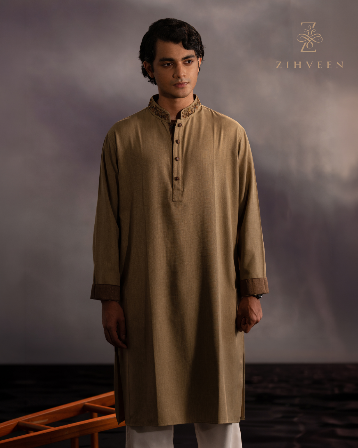 Tortilla Brown with Elegant zardoji work in Collar and button - view 2