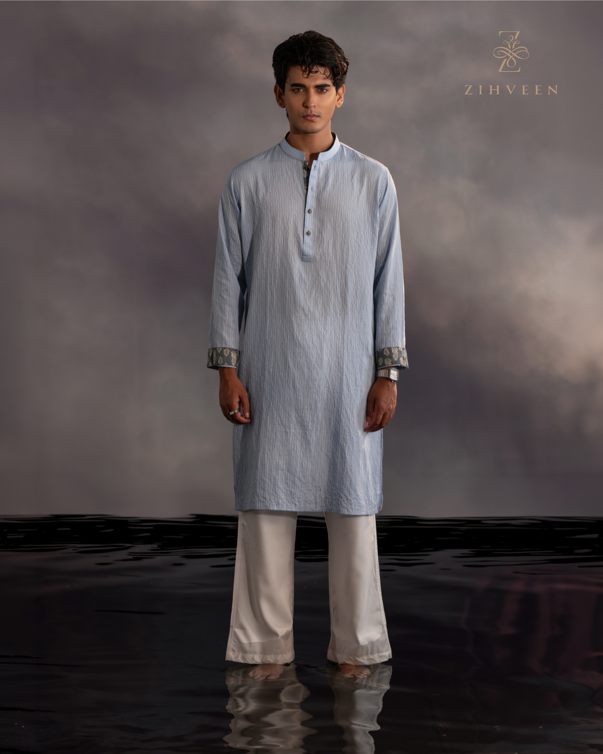 Crystal Mist Blue with elegant white stripe and elite metal button - view 3