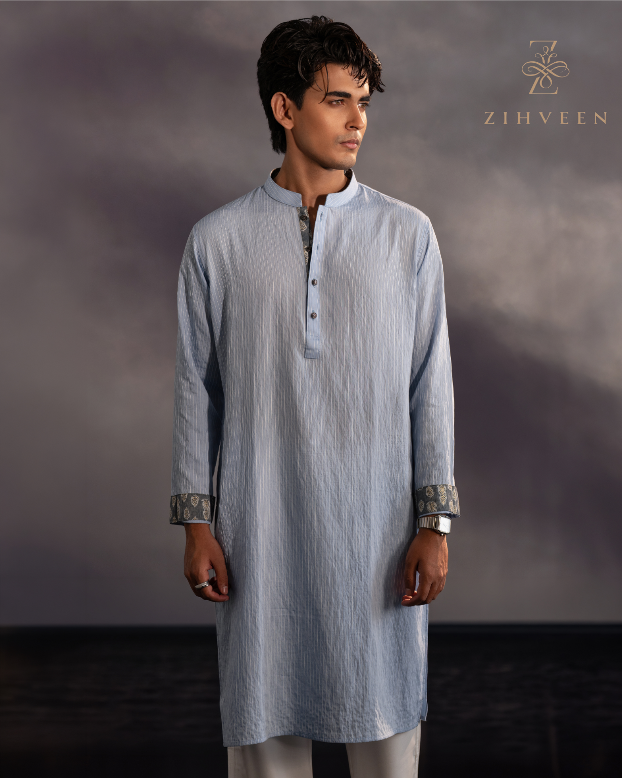 Crystal Mist Blue with elegant white stripe and elite metal button - view 2