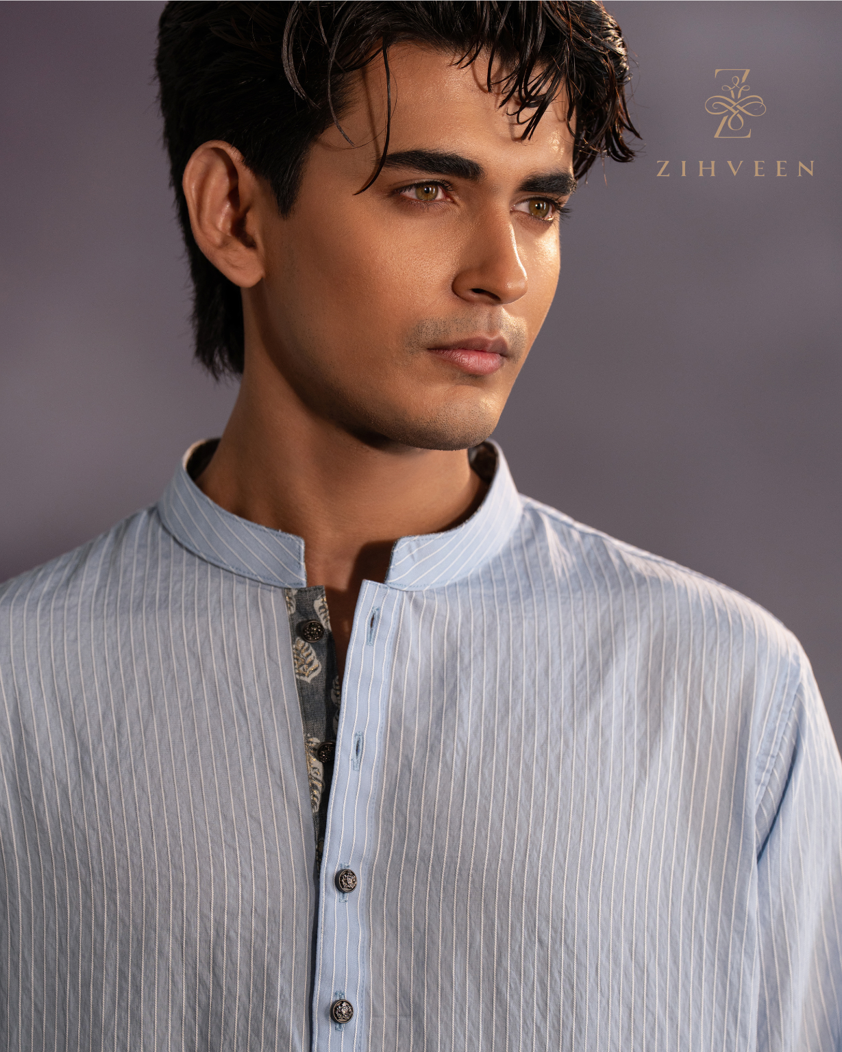 Crystal Mist Blue with elegant white stripe and elite metal button - view 1